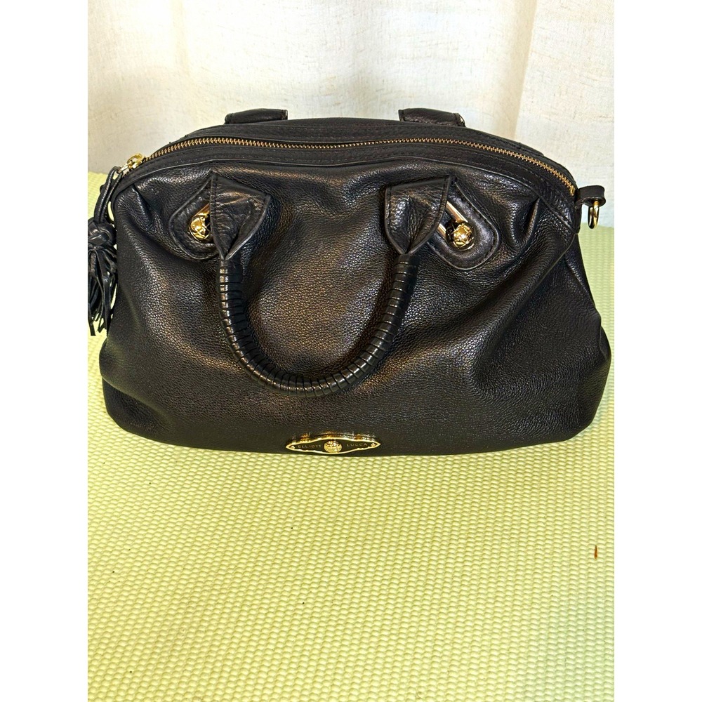 Elliott Lucca Black Pebbled Leather Satchel Top Handle Zip Tassel Gold Hardware